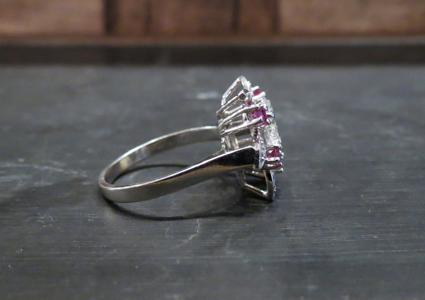 SOLD--Mid-Century Pear Shape .90ct Diamond and Ruby Ring Platinum c. 1950