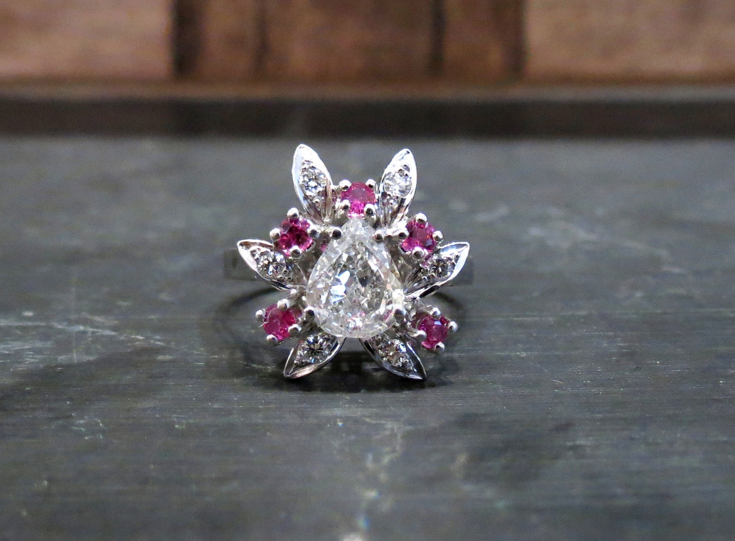 SOLD--Mid-Century Pear Shape .90ct Diamond and Ruby Ring Platinum c. 1950