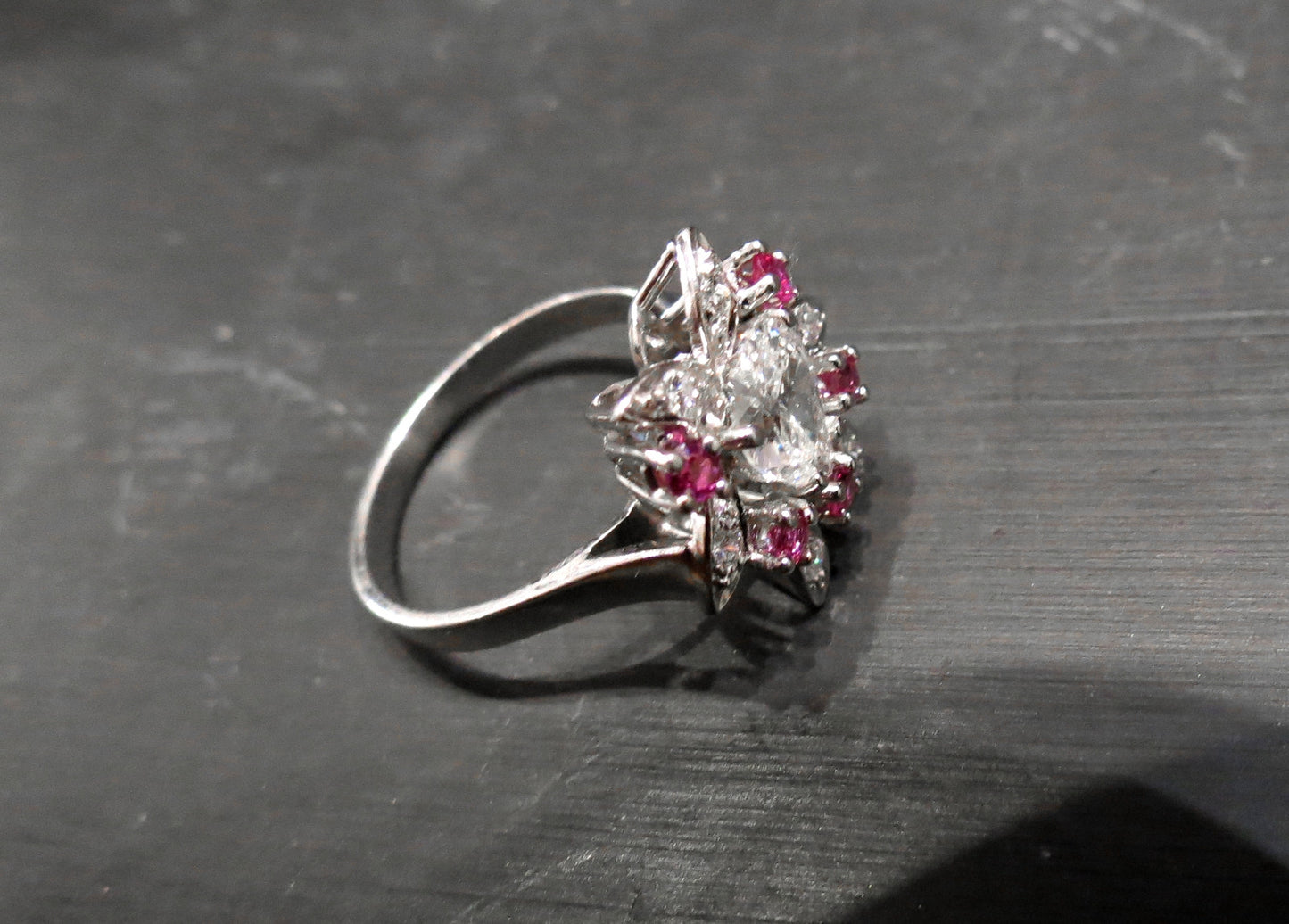 SOLD--Mid-Century Pear Shape .90ct Diamond and Ruby Ring Platinum c. 1950