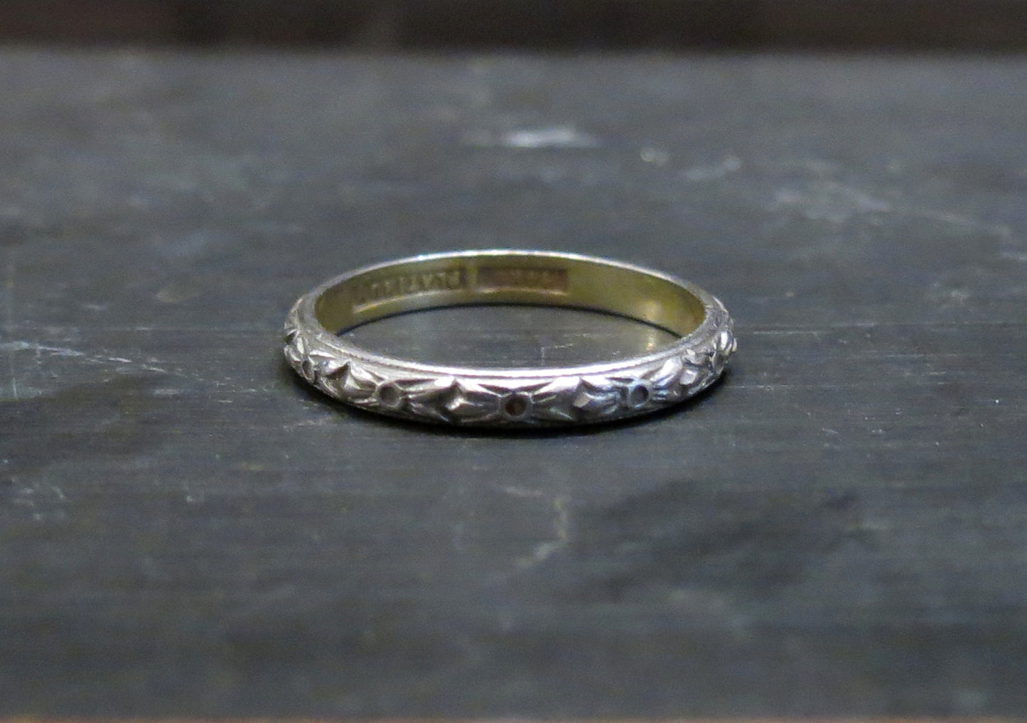 SOLD--Art Deco Patterned Wedding Band Platinum/14k c. 1920