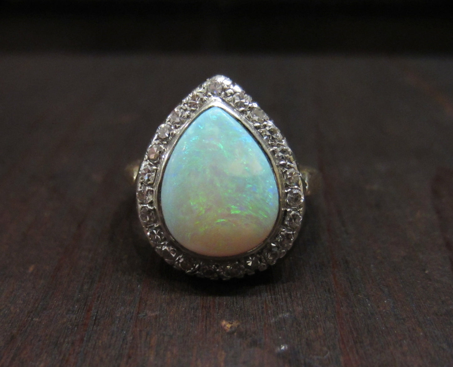 SOLD--Art Deco Pear Shape Opal and Diamond Ring 14k c. 1940
