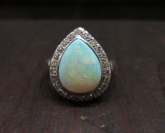 SOLD--Art Deco Pear Shape Opal and Diamond Ring 14k c. 1940