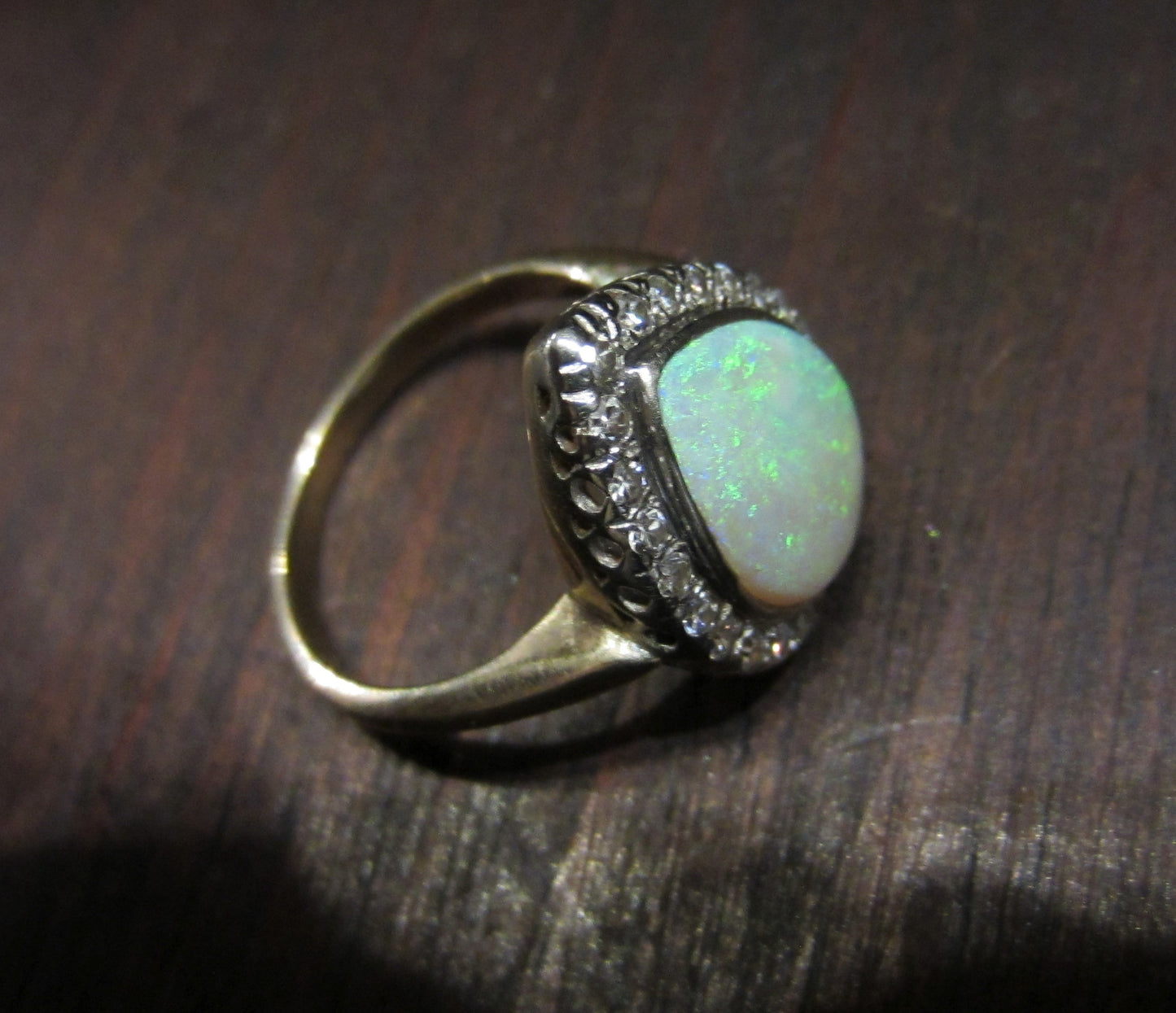 SOLD--Art Deco Pear Shape Opal and Diamond Ring 14k c. 1940