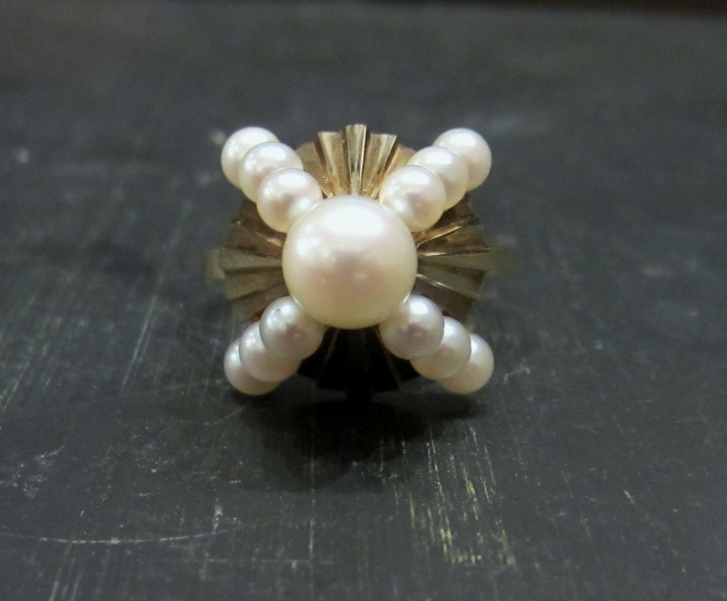 SOLD-Mid-Century Mikimoto Pearl Pyramid Cocktail Ring 14k