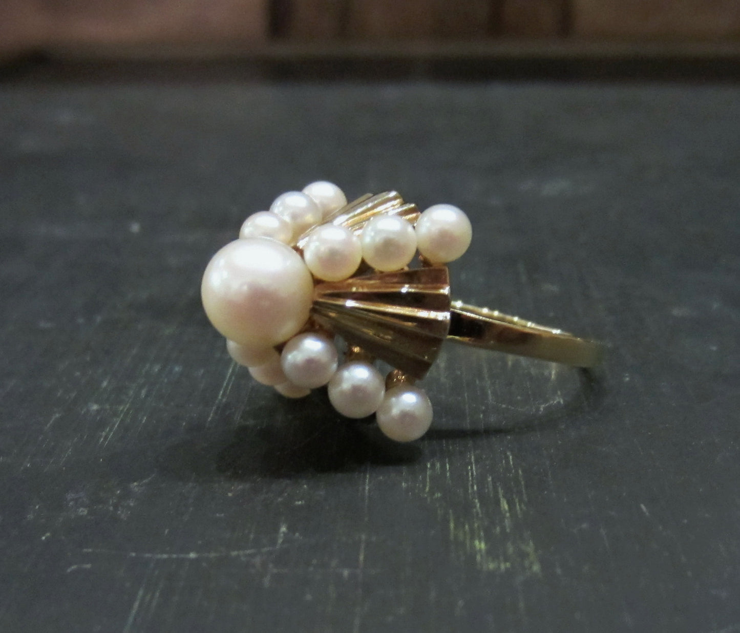 SOLD-Mid-Century Mikimoto Pearl Pyramid Cocktail Ring 14k