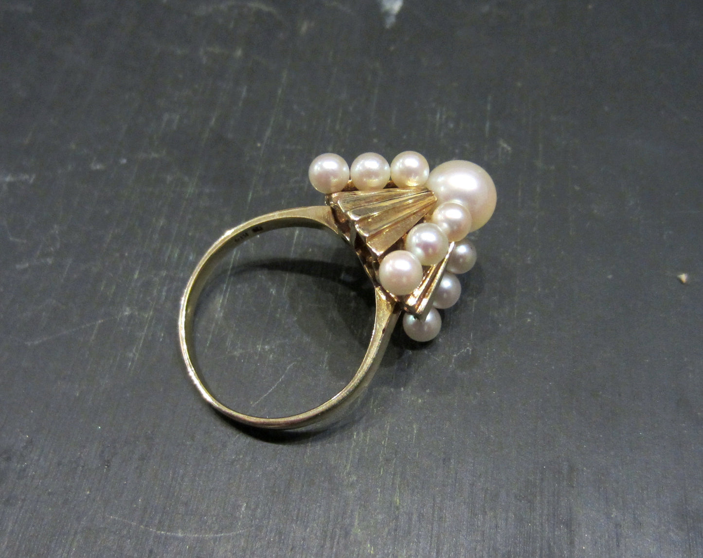 SOLD-Mid-Century Mikimoto Pearl Pyramid Cocktail Ring 14k