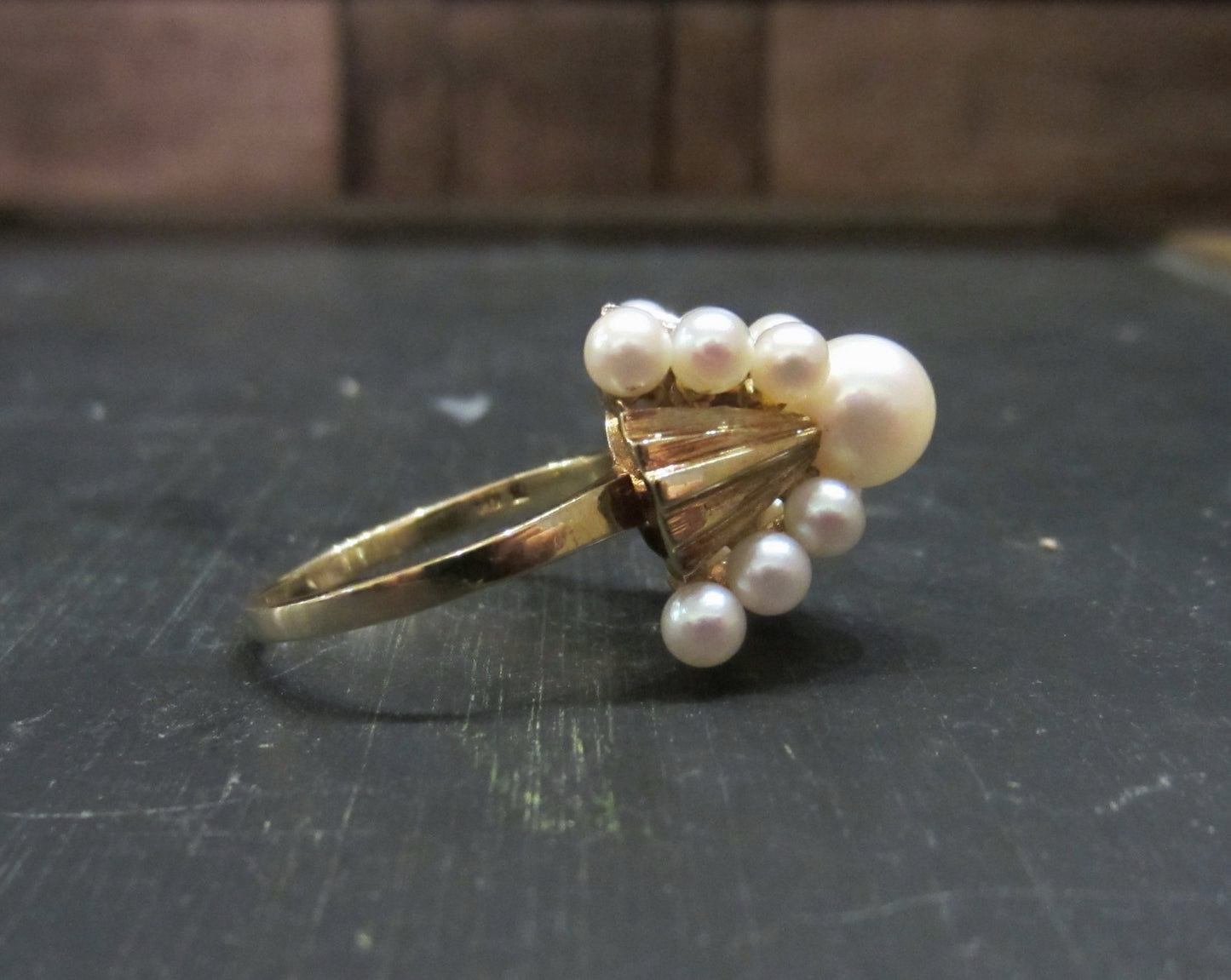 SOLD-Mid-Century Mikimoto Pearl Pyramid Cocktail Ring 14k