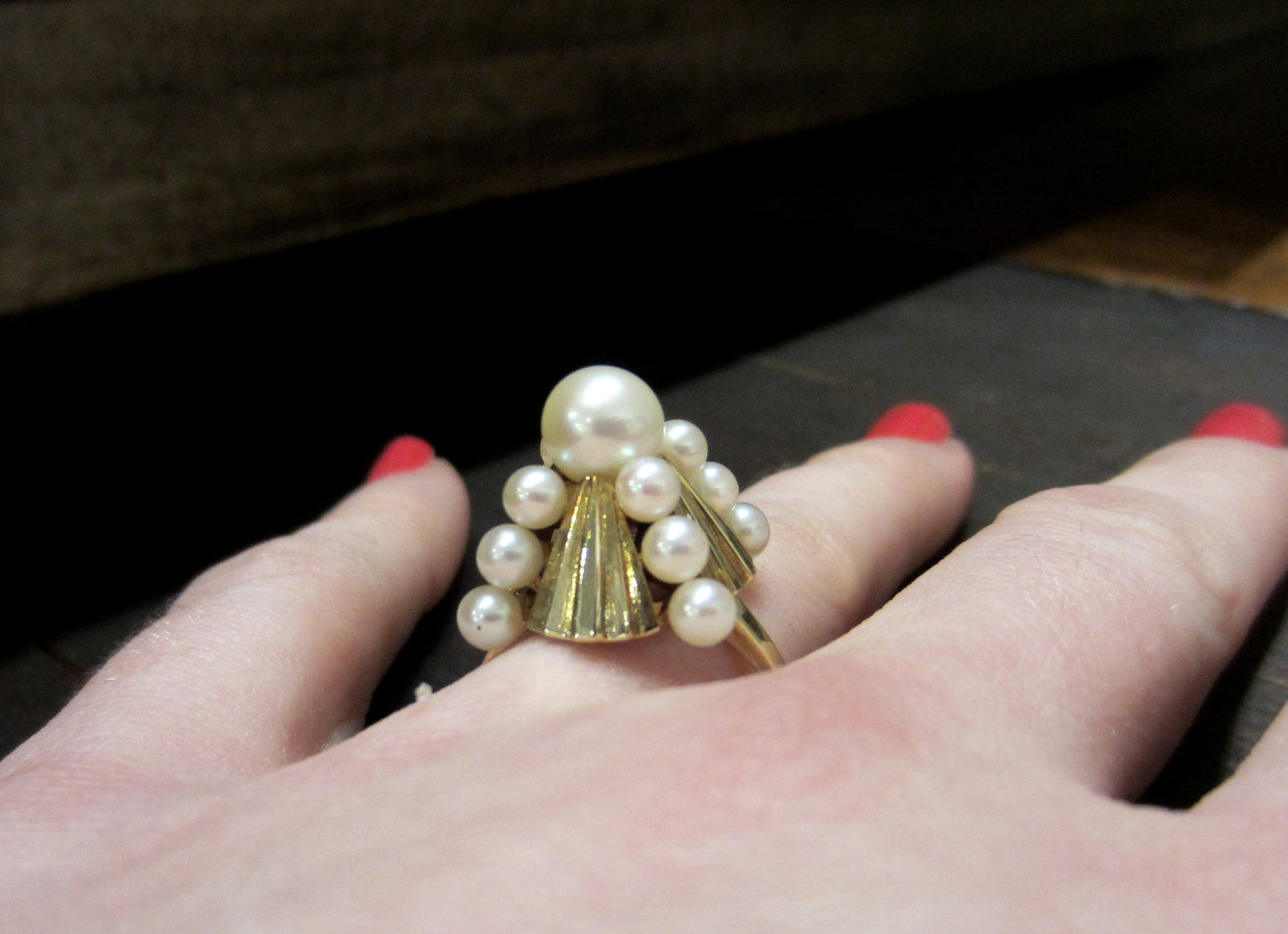 SOLD-Mid-Century Mikimoto Pearl Pyramid Cocktail Ring 14k