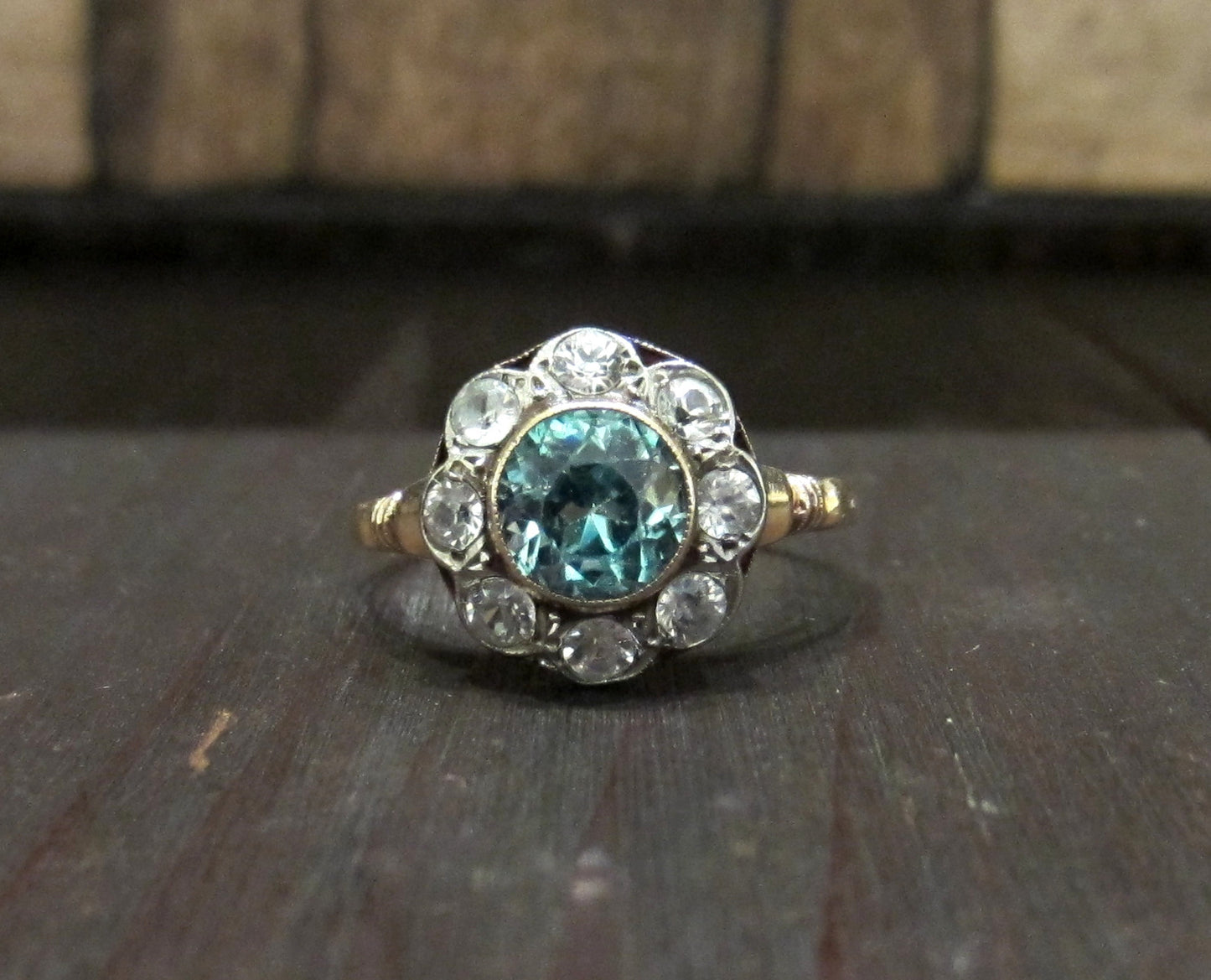 SOLD--Art Deco Blue and White Topaz Flowerhead Ring 10k c. 1920