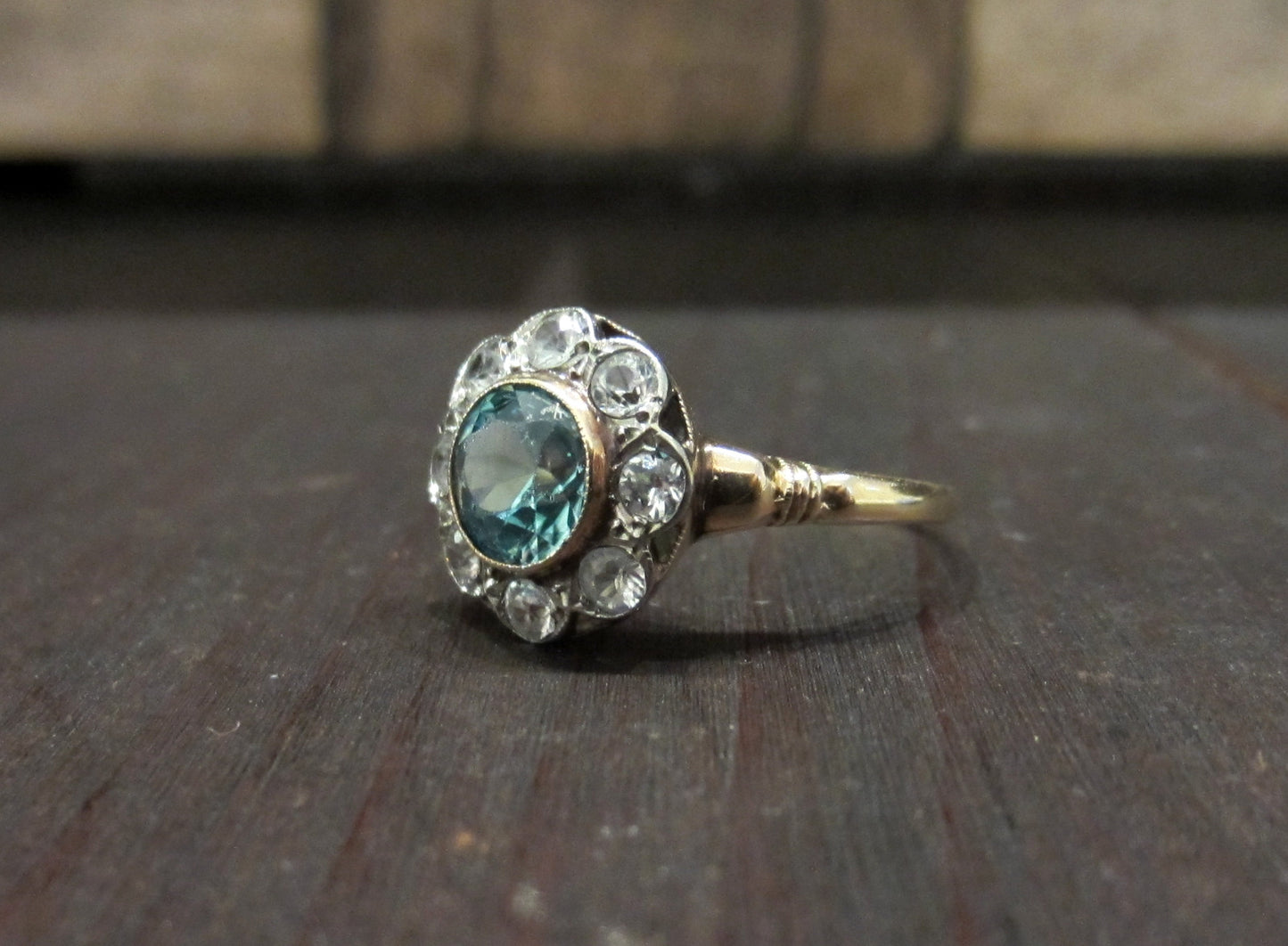 SOLD--Art Deco Blue and White Topaz Flowerhead Ring 10k c. 1920