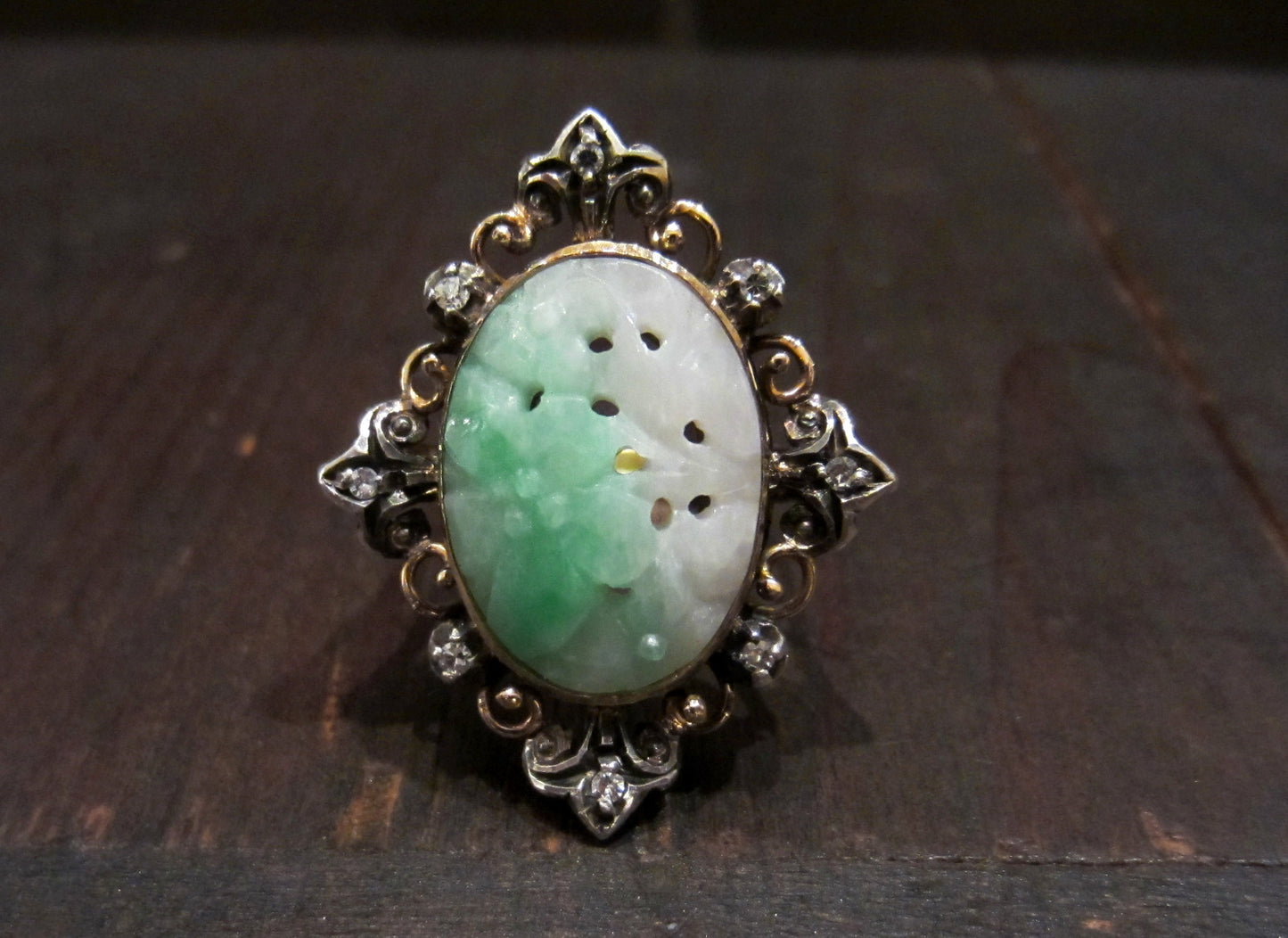 SOLD--Art Deco Carved Jade and Diamond Ring Silver/14k c. 1940