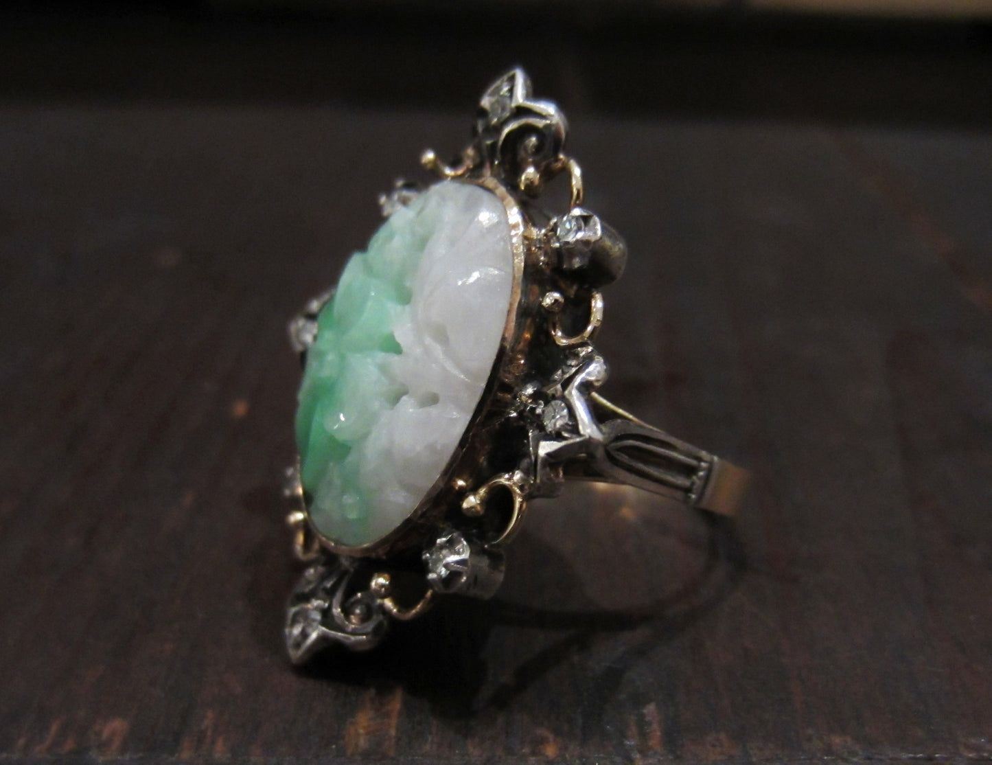 SOLD--Art Deco Carved Jade and Diamond Ring Silver/14k c. 1940