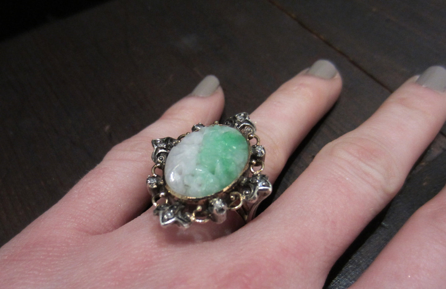 SOLD--Art Deco Carved Jade and Diamond Ring Silver/14k c. 1940