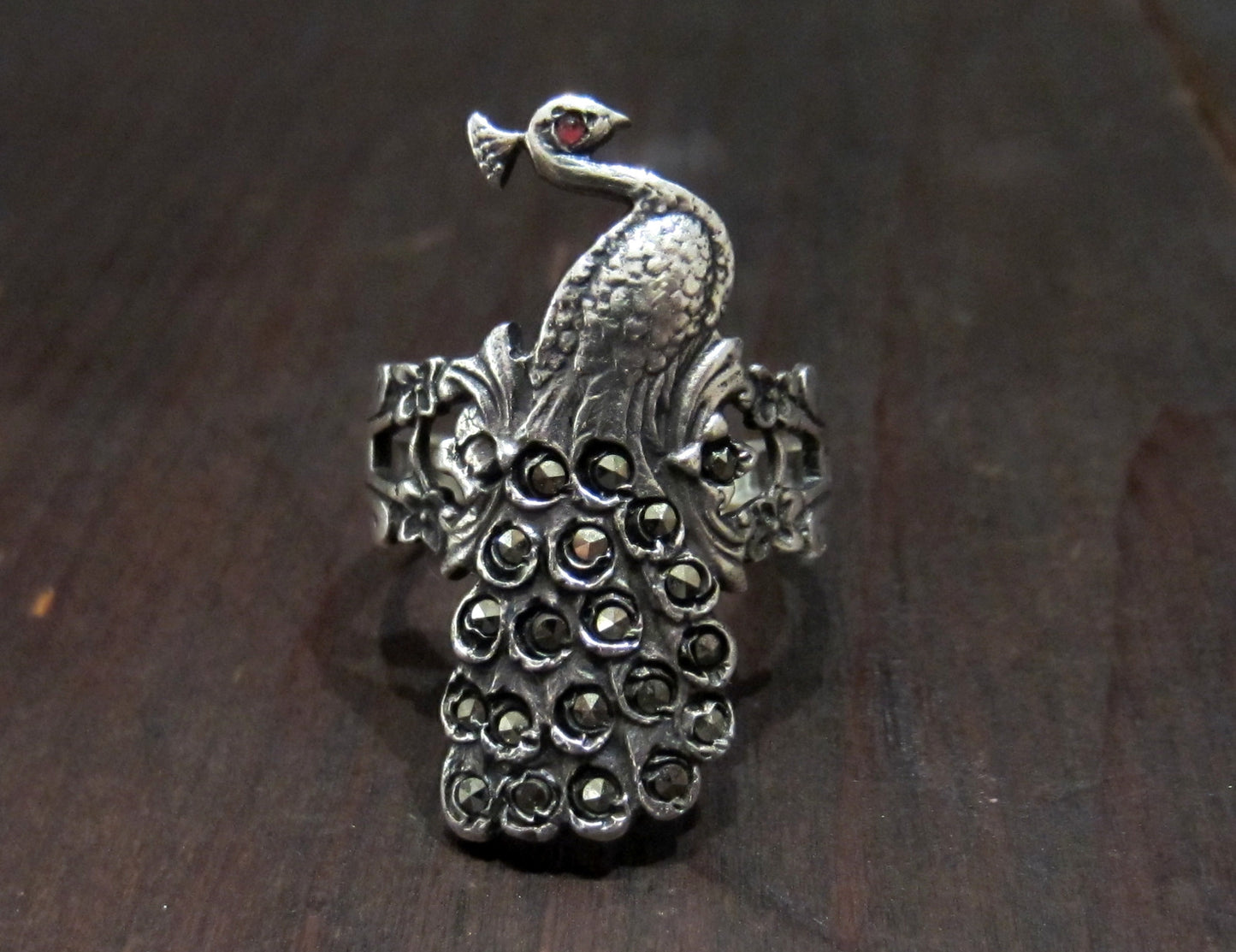 SOLD--Art Deco Marcasite Peacock Ring Sterling Silver c. 1930