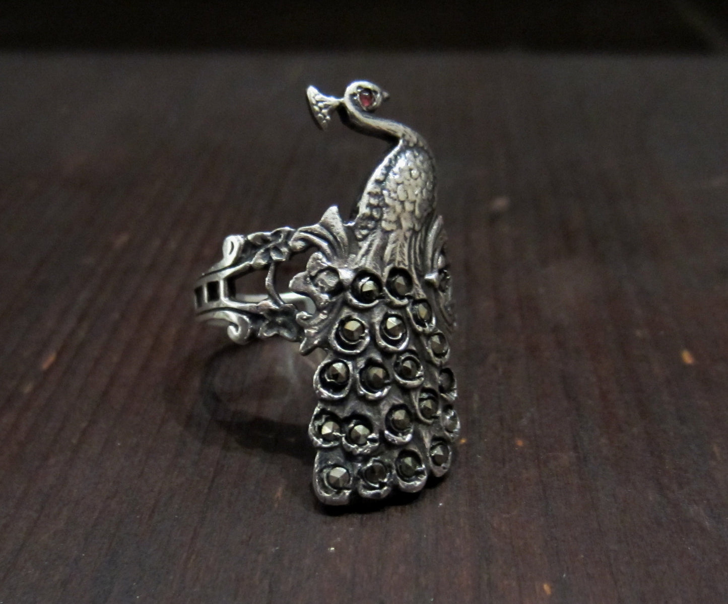 SOLD--Art Deco Marcasite Peacock Ring Sterling Silver c. 1930