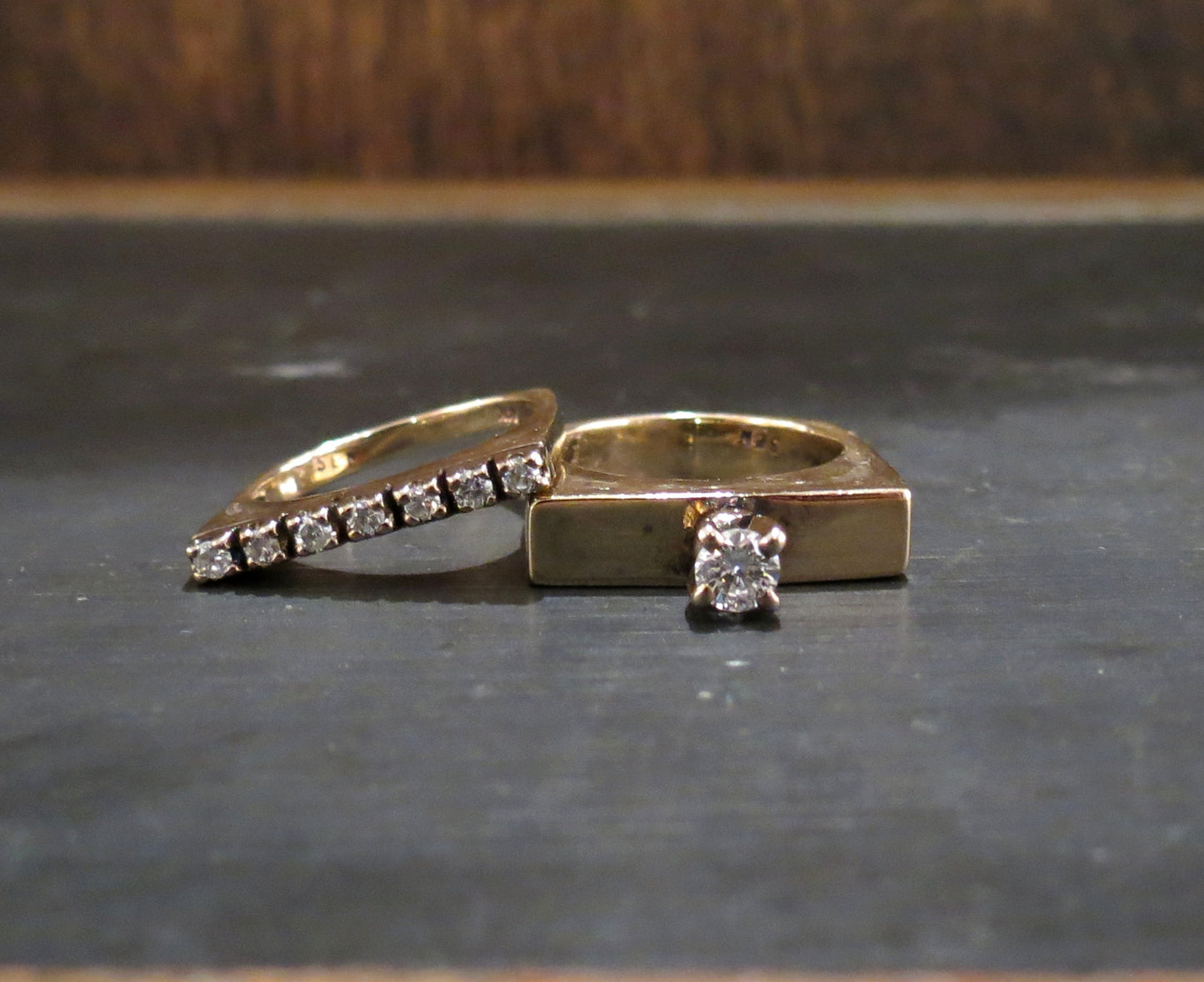 SOLD--Modernist Diamond Wedding Set 14k (2 Rings) c. 1970