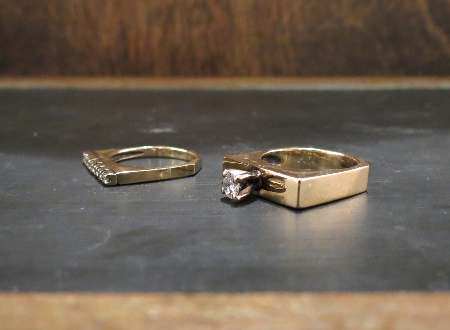 SOLD--Modernist Diamond Wedding Set 14k (2 Rings) c. 1970