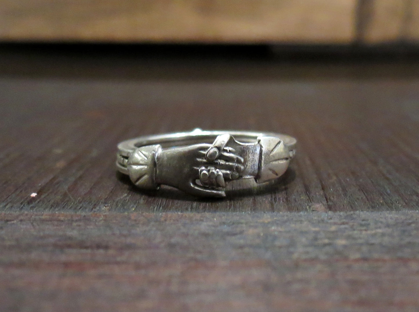 SOLD--Art Deco Fede Gimmel Clasped Hands Ring Sterling size 5.5 c. 1920