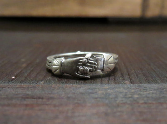 SOLD--Art Deco Fede Gimmel Clasped Hands Ring Sterling size 5.5 c. 1920