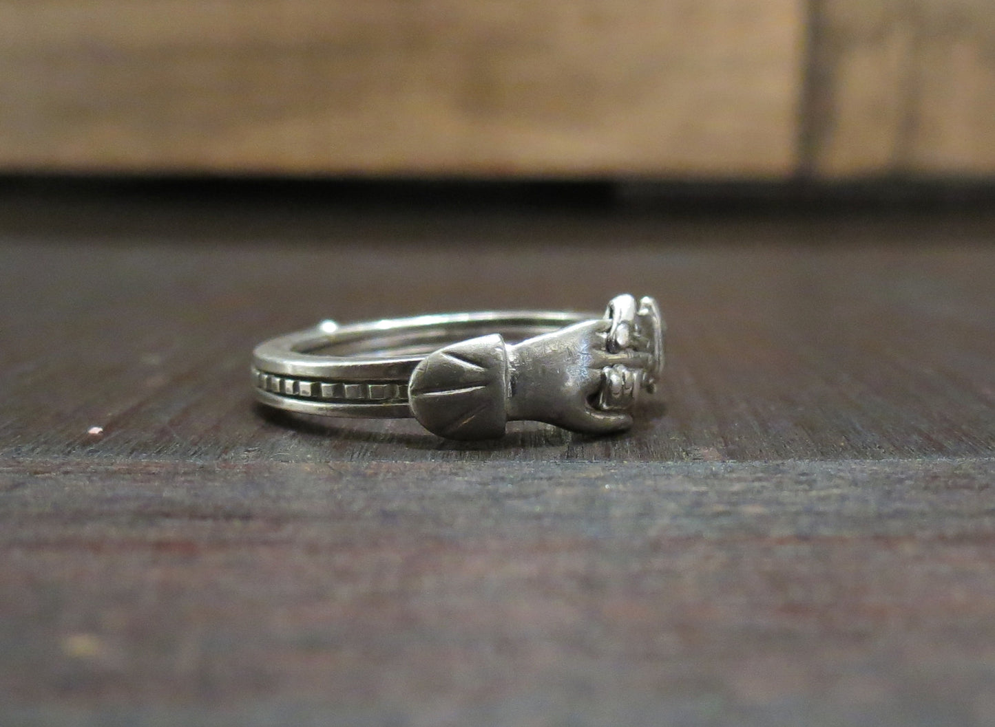SOLD--Art Deco Fede Gimmel Clasped Hands Ring Sterling size 5.5 c. 1920