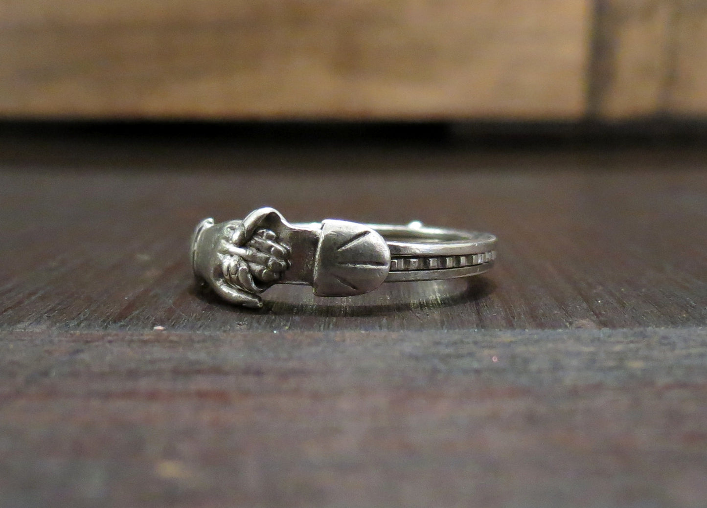 SOLD--Art Deco Fede Gimmel Clasped Hands Ring Sterling size 5.5 c. 1920