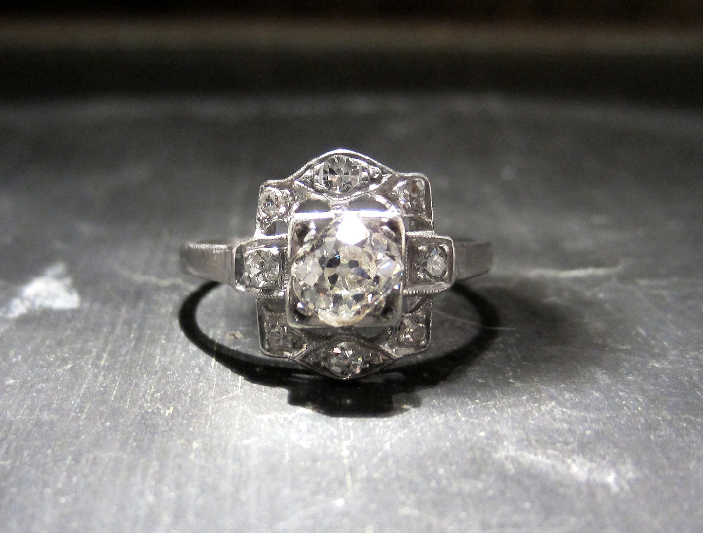 SOLD--Lovely Art Deco Old Mine Diamond .50ct Engagement Ring Platinum c. 1920