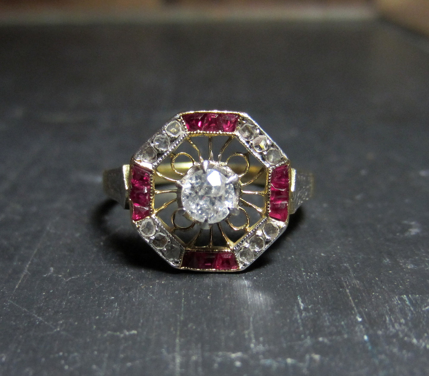SOLD--Art Deco Diamond and Ruby Frame Ring 14k c. 1920