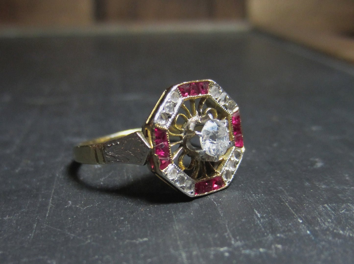 SOLD--Art Deco Diamond and Ruby Frame Ring 14k c. 1920