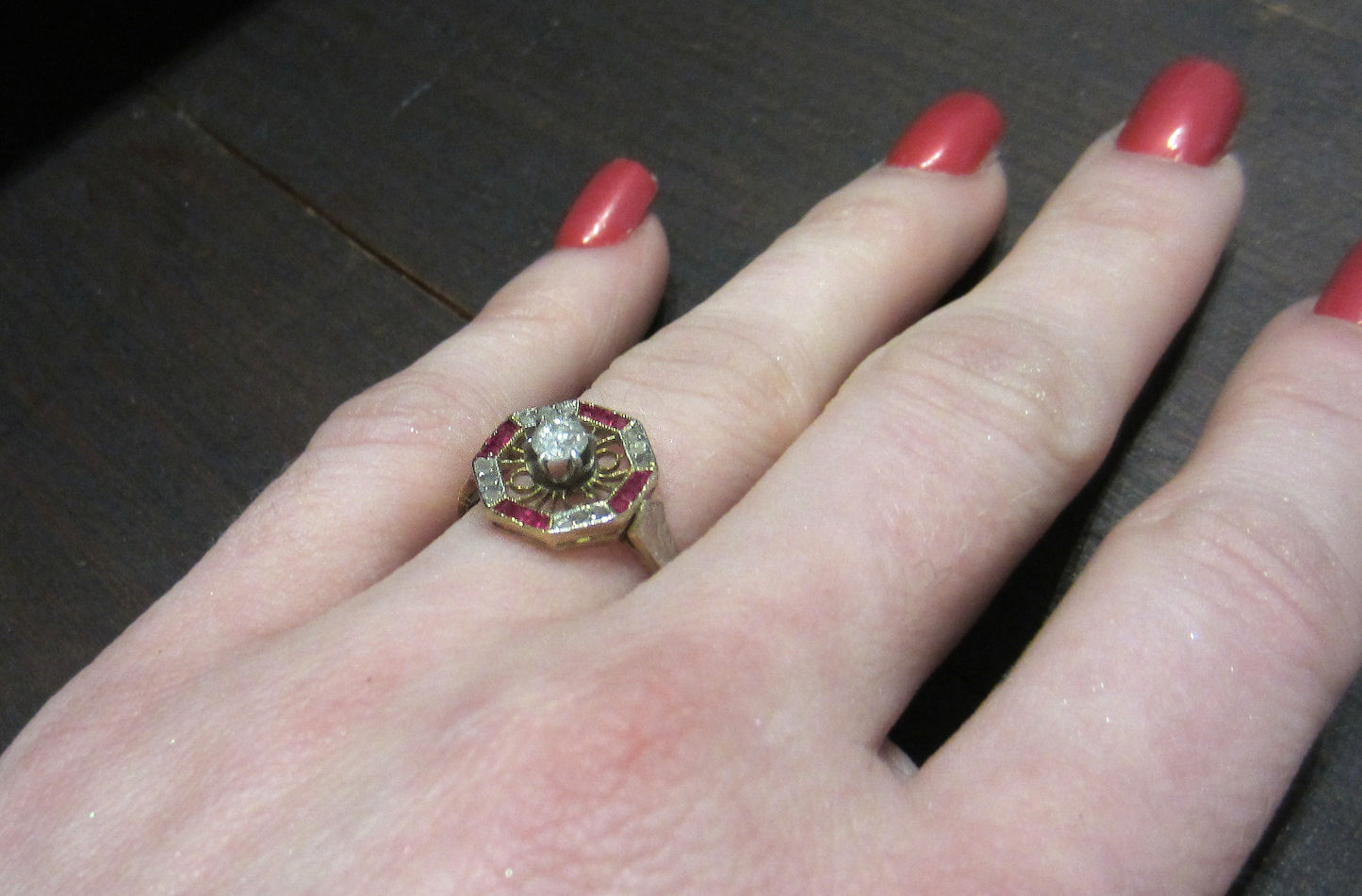 SOLD--Art Deco Diamond and Ruby Frame Ring 14k c. 1920