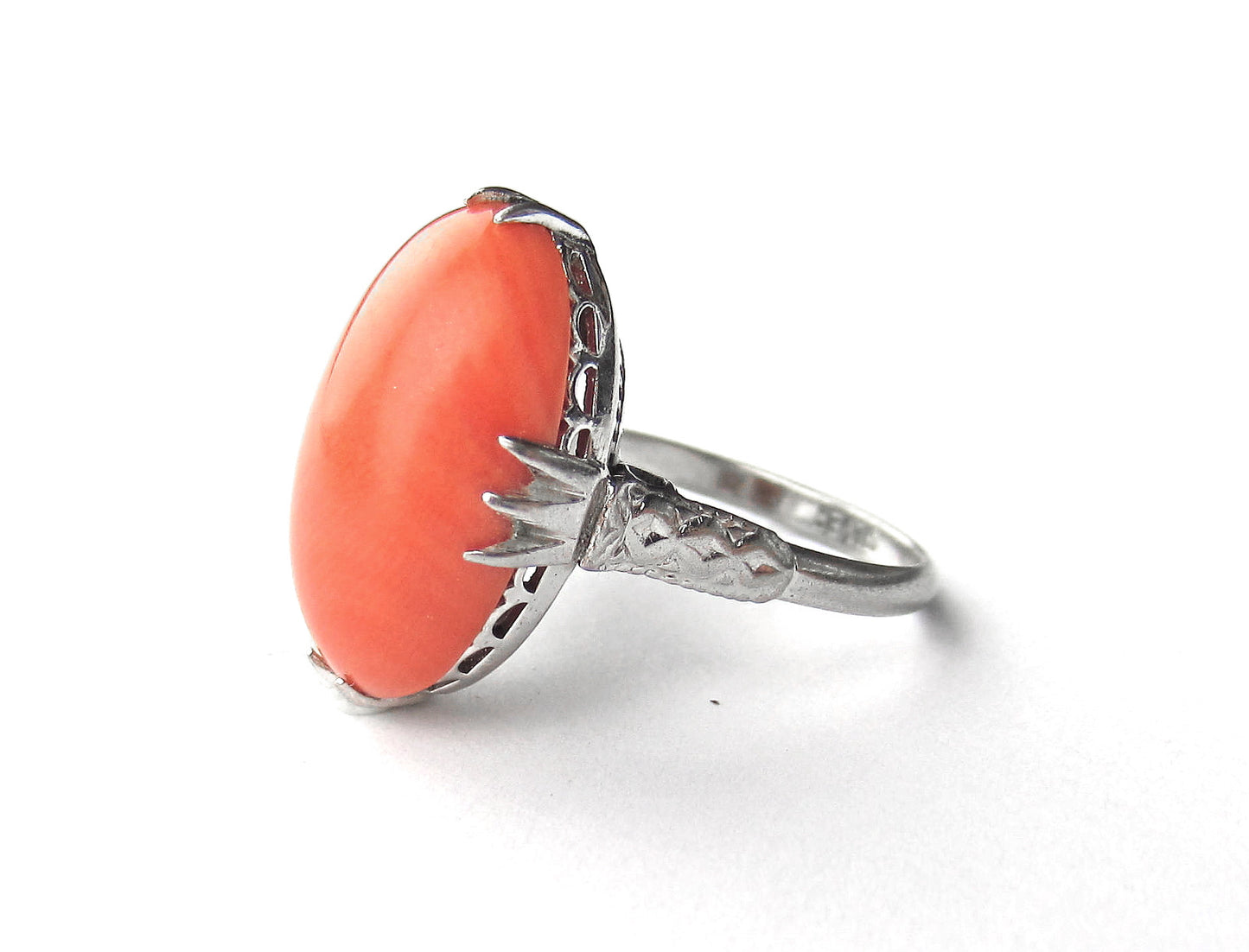 SOLD--Art Deco Coral Cabochon Statement Ring Silver c. 1930