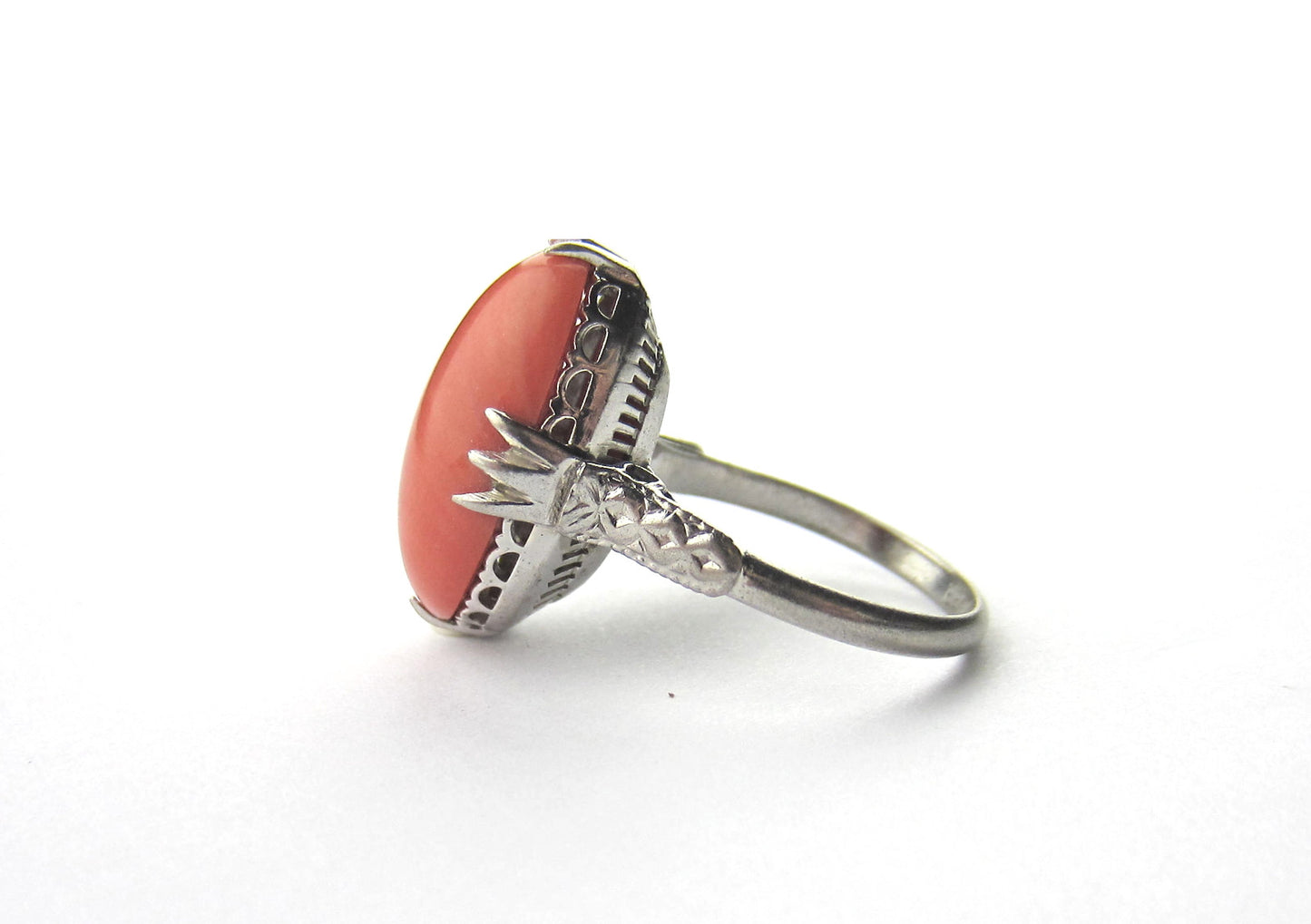 SOLD--Art Deco Coral Cabochon Statement Ring Silver c. 1930