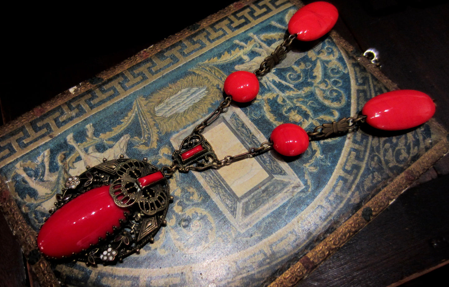SOLD--Art Deco Red Glass and Enamel Necklace Brass, Czech c. 1930