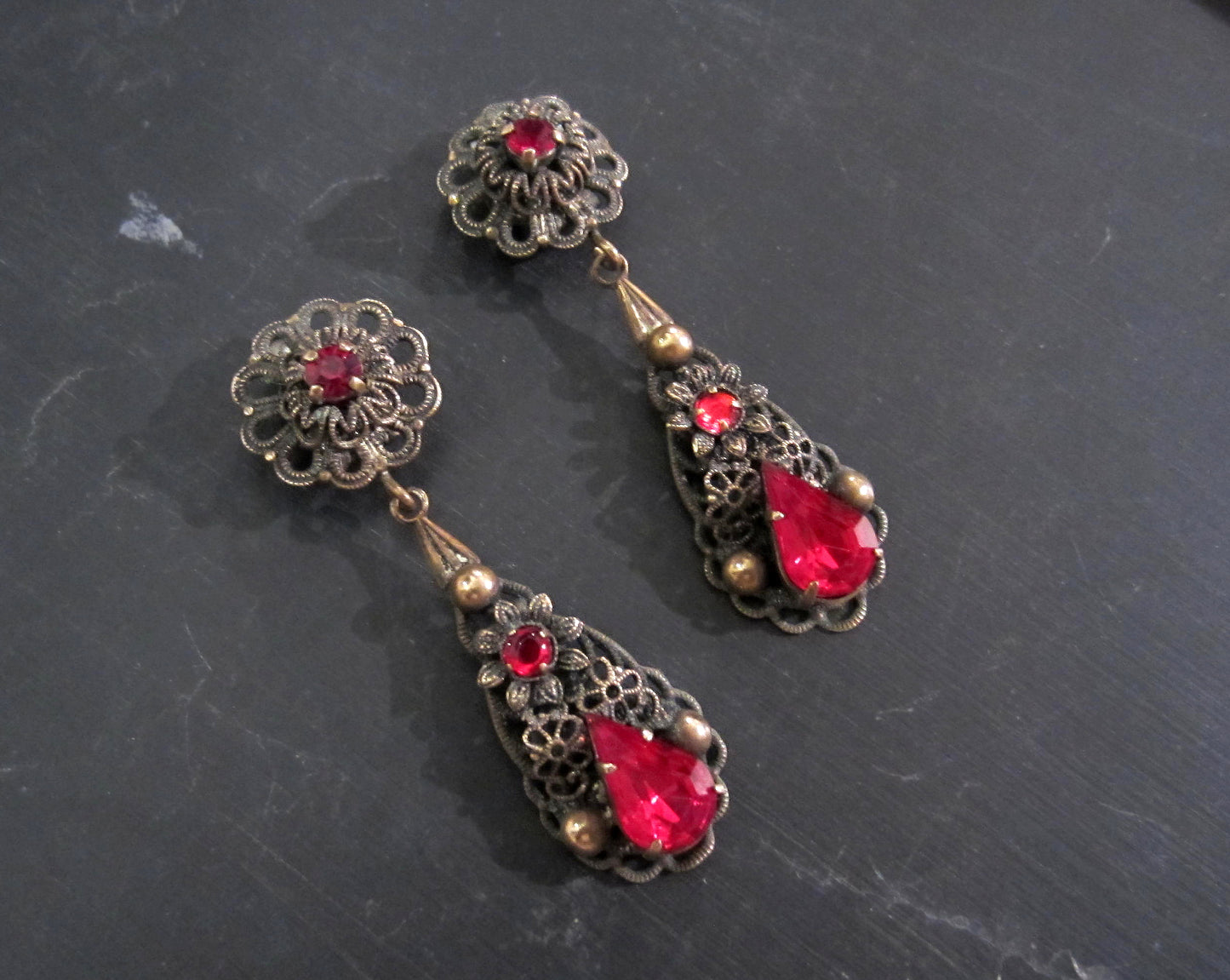 SOLD--Art Deco Red Glass Filigree Drop Earrings Brass c. 1940