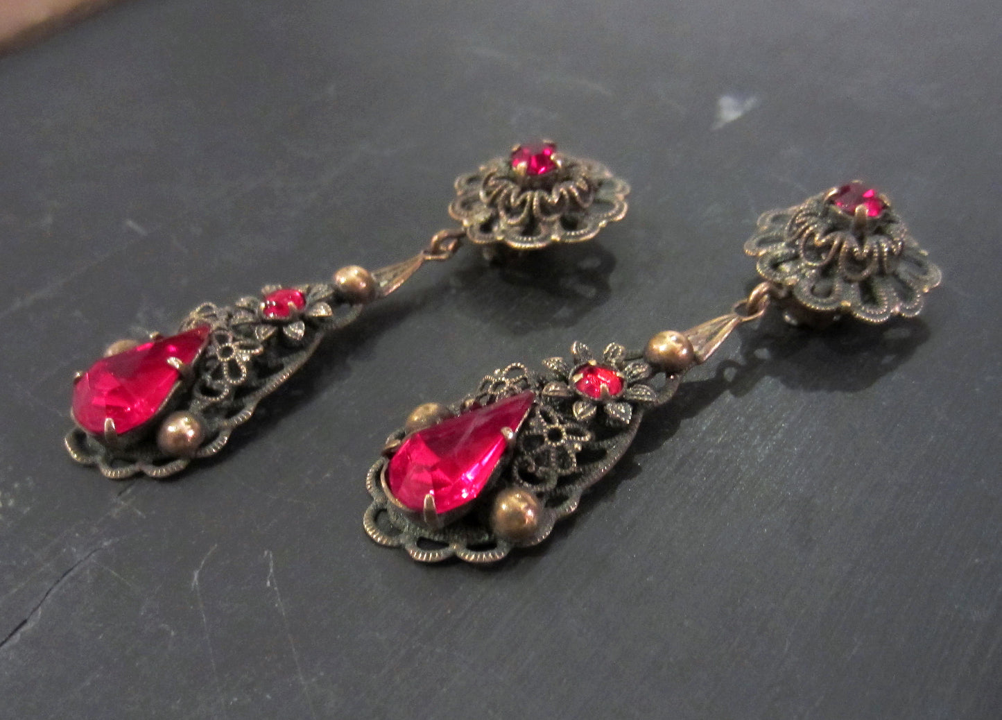 SOLD--Art Deco Red Glass Filigree Drop Earrings Brass c. 1940