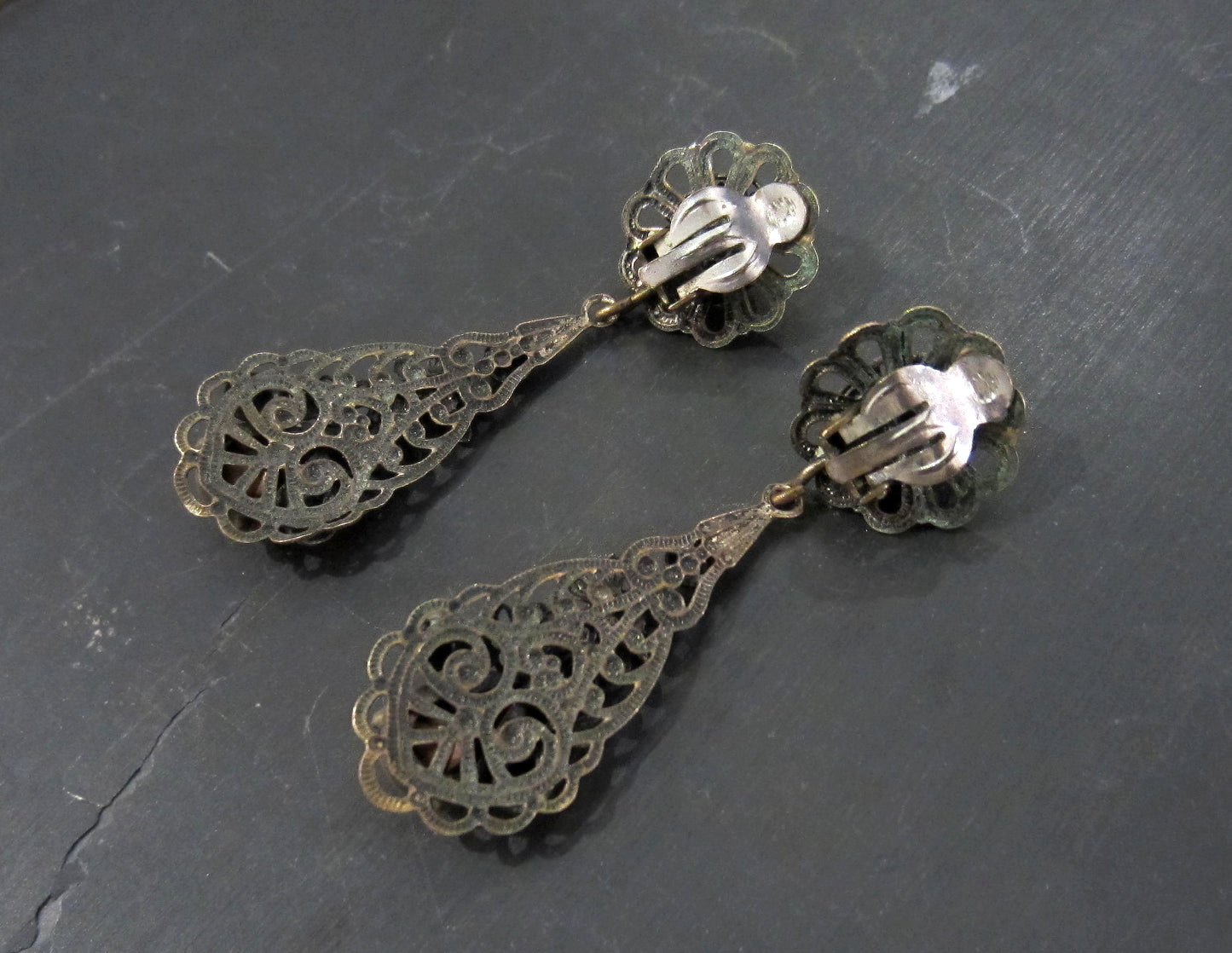 SOLD--Art Deco Red Glass Filigree Drop Earrings Brass c. 1940