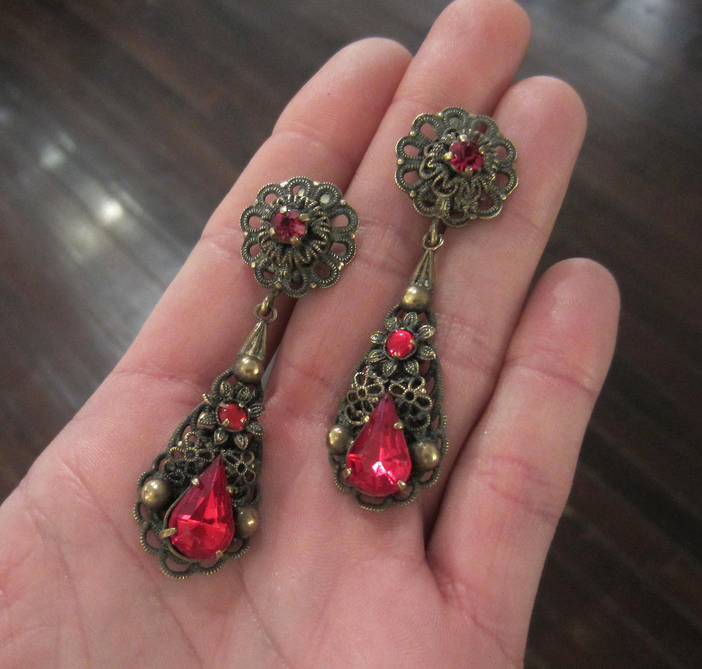 SOLD--Art Deco Red Glass Filigree Drop Earrings Brass c. 1940