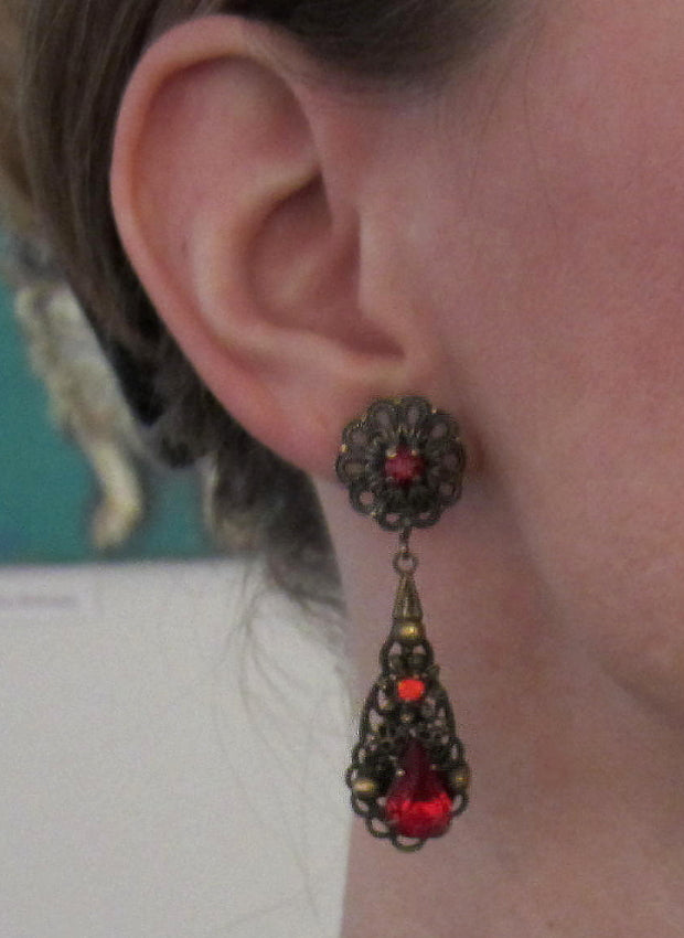 SOLD--Art Deco Red Glass Filigree Drop Earrings Brass c. 1940