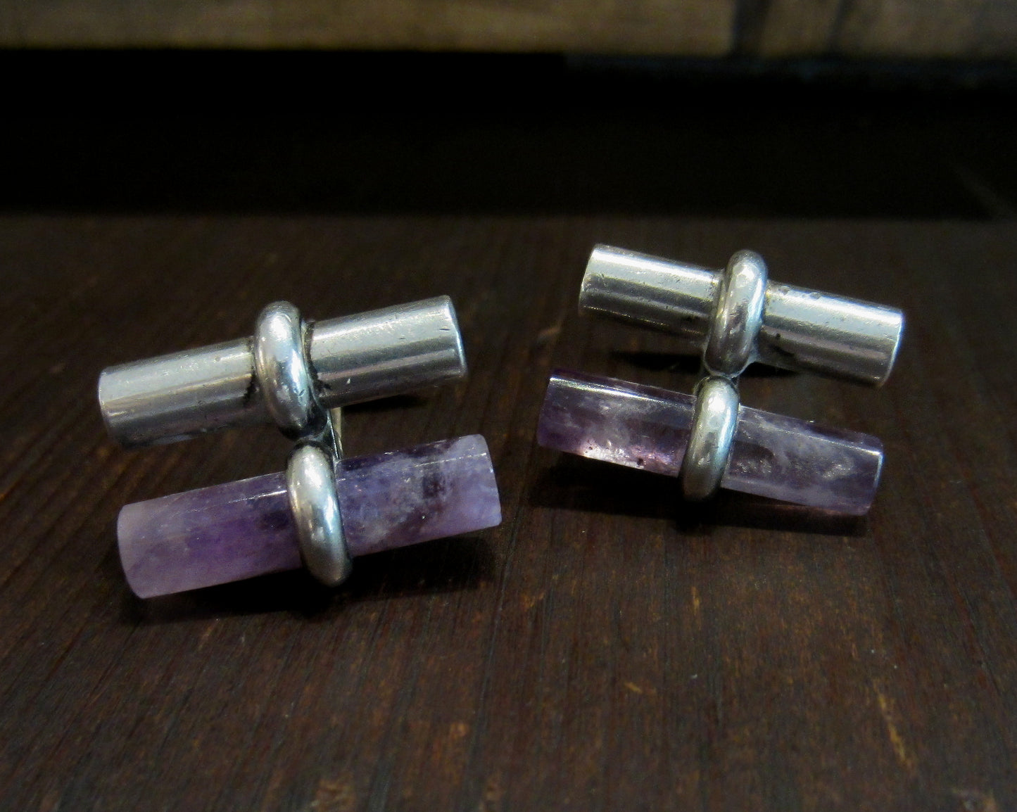 Vintage Amethyst Bar Cufflinks Sterling Silver c. 1970