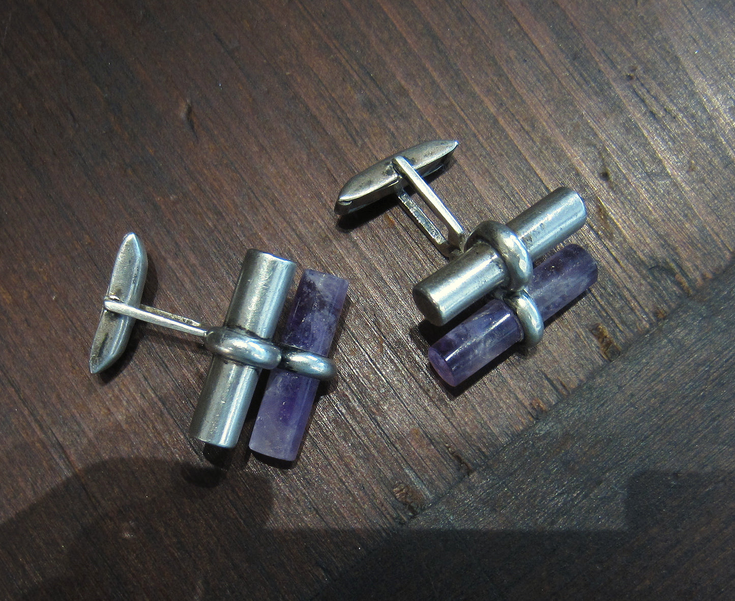 Vintage Amethyst Bar Cufflinks Sterling Silver c. 1970