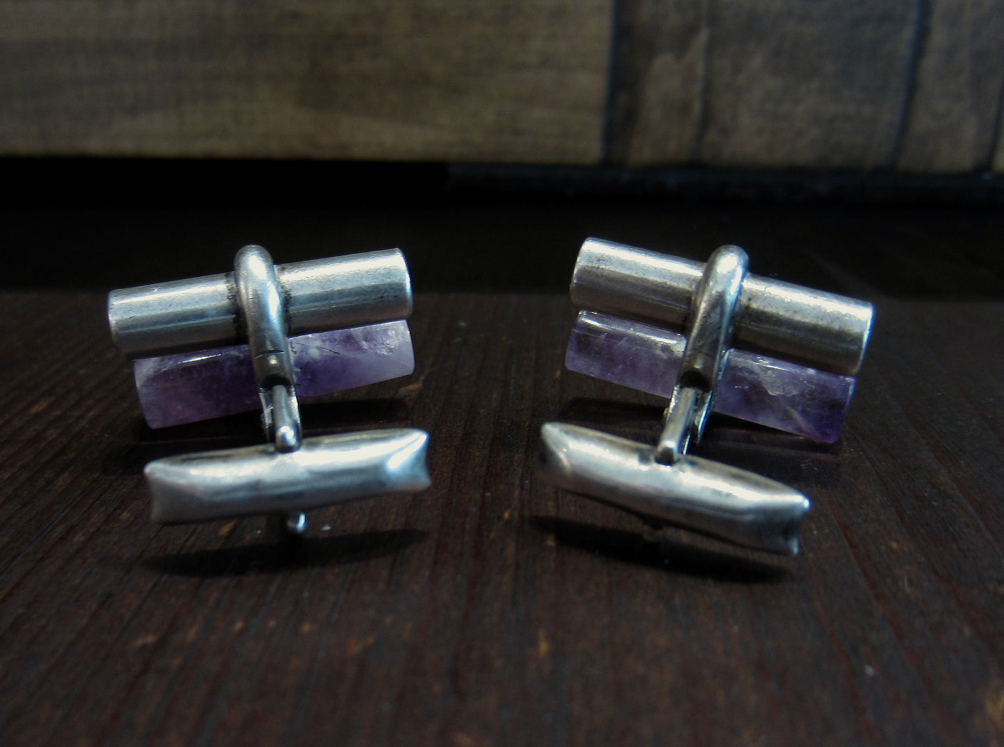 Vintage Amethyst Bar Cufflinks Sterling Silver c. 1970