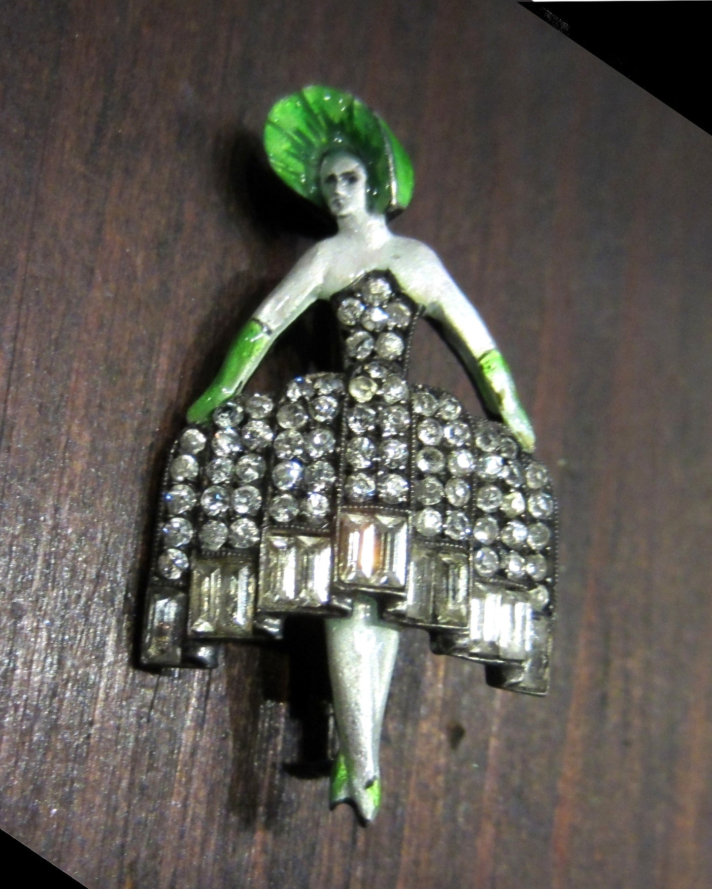 SOLD--Belle Epoque Enamel and Paste Can-Can Dancer Brooch Silver, French c. 1900