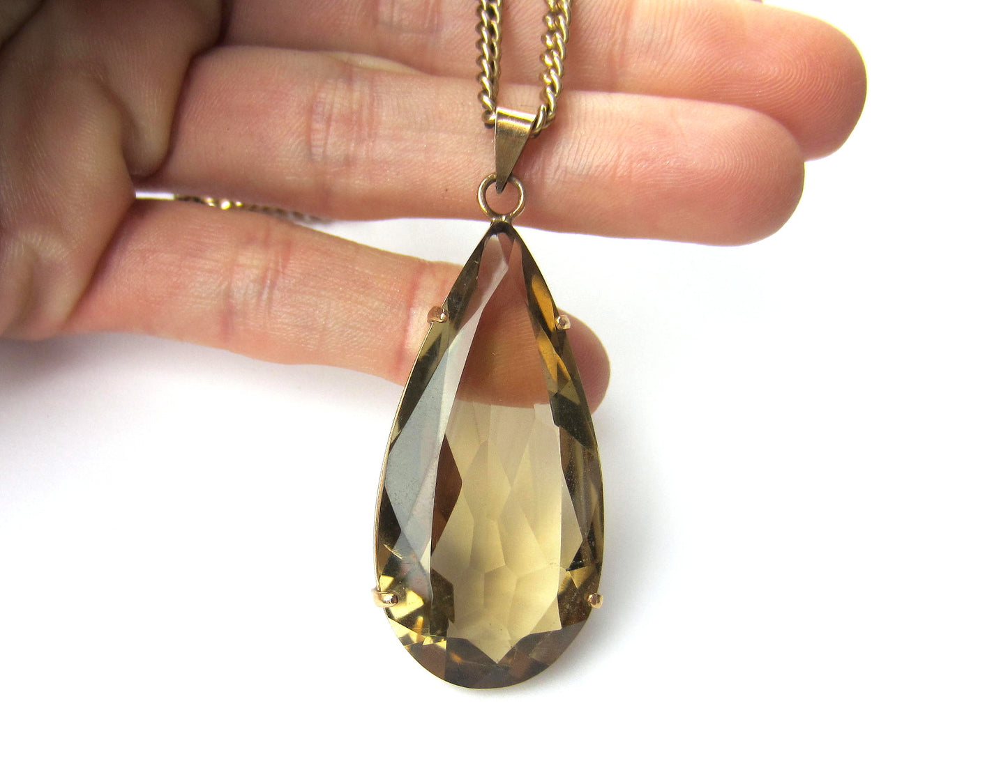 SOLD--Vintage Pear Shape Smoky Citrine Necklace 14k c. 1970