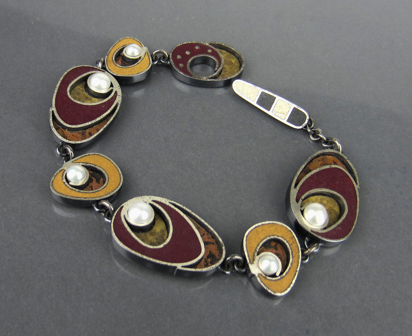 Post-Modern Enamel and Cultured Pearl Bracelet Sterling Silver c. 1990