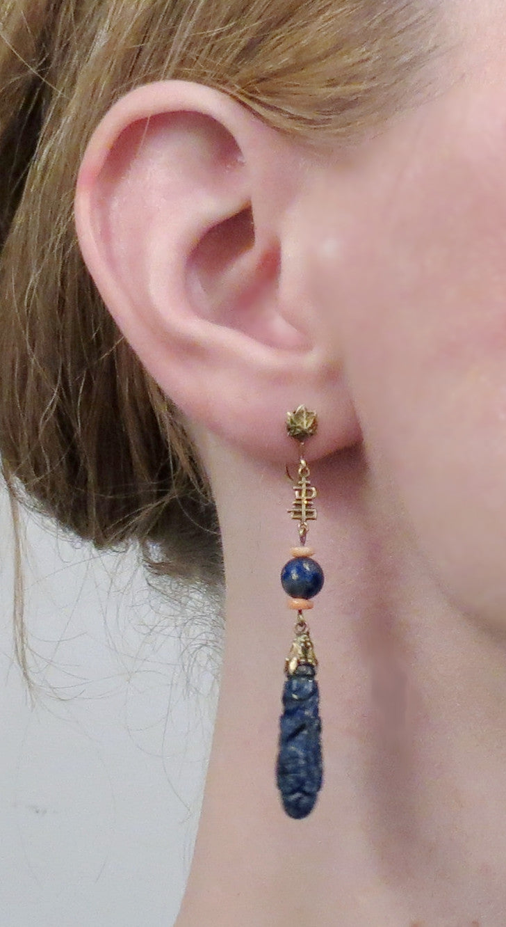 Art Deco Carved Lapis and Coral Drop Earrings 14k c. 1920