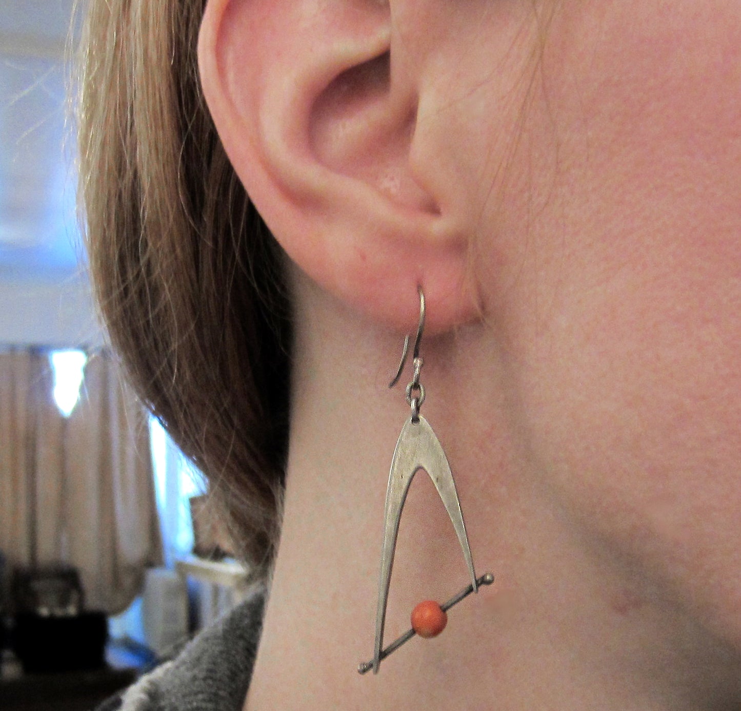 SOLD--Modernist Coral Earrings Sterling c. 1960