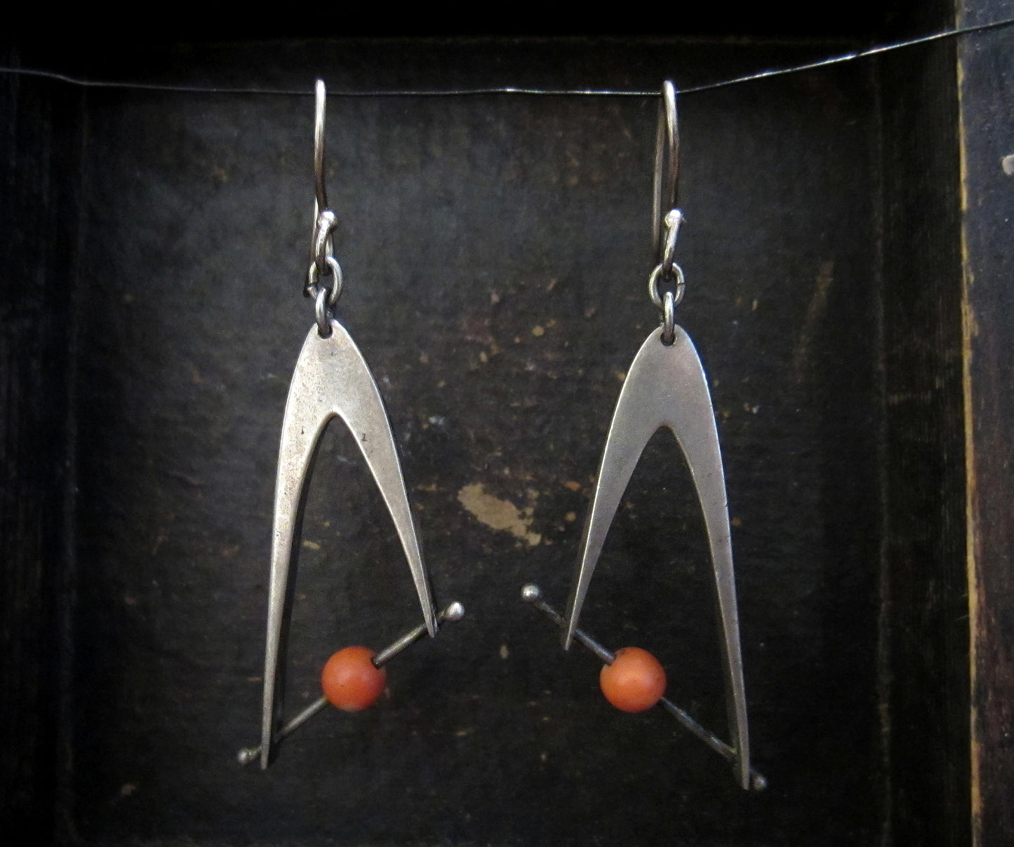 SOLD--Modernist Coral Earrings Sterling c. 1960