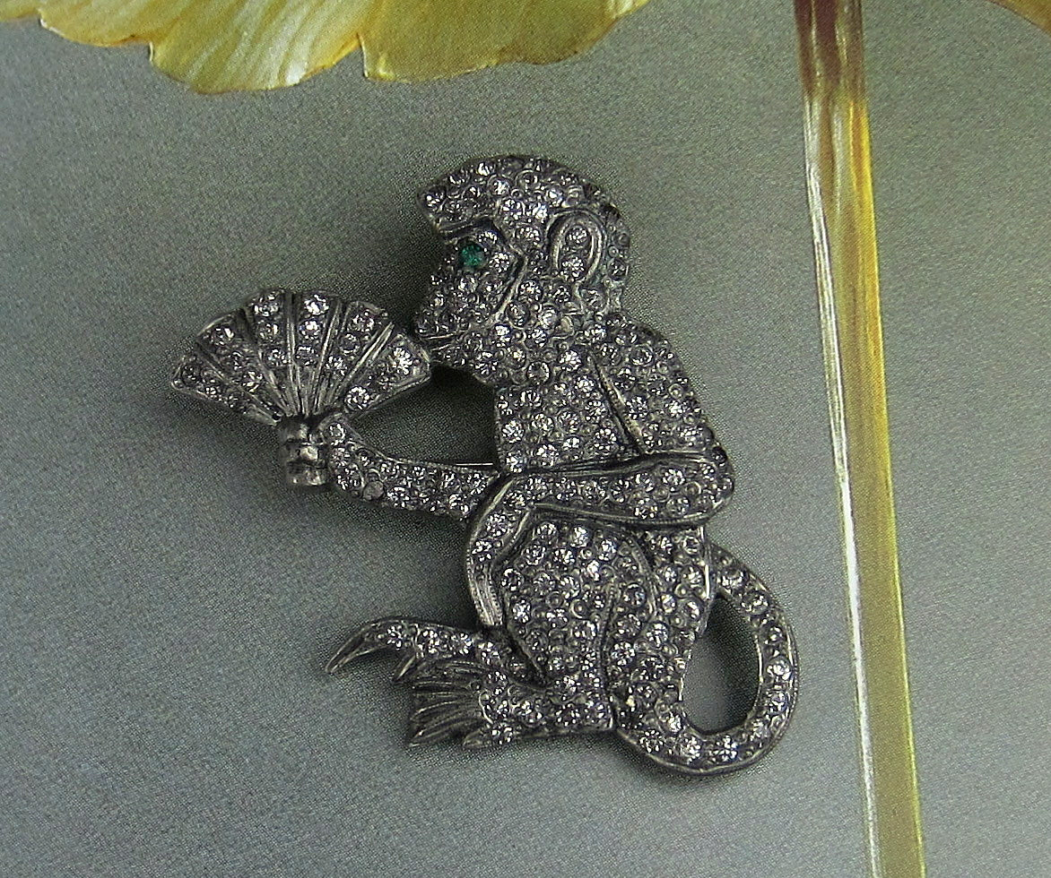 SOLD-Early Art Deco Paste Monkey Brooch Silver c. 1920