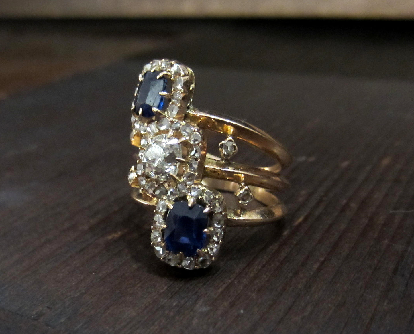 SOLD--Exquisite French Diamond and Sapphire Ring 18k c. 1880