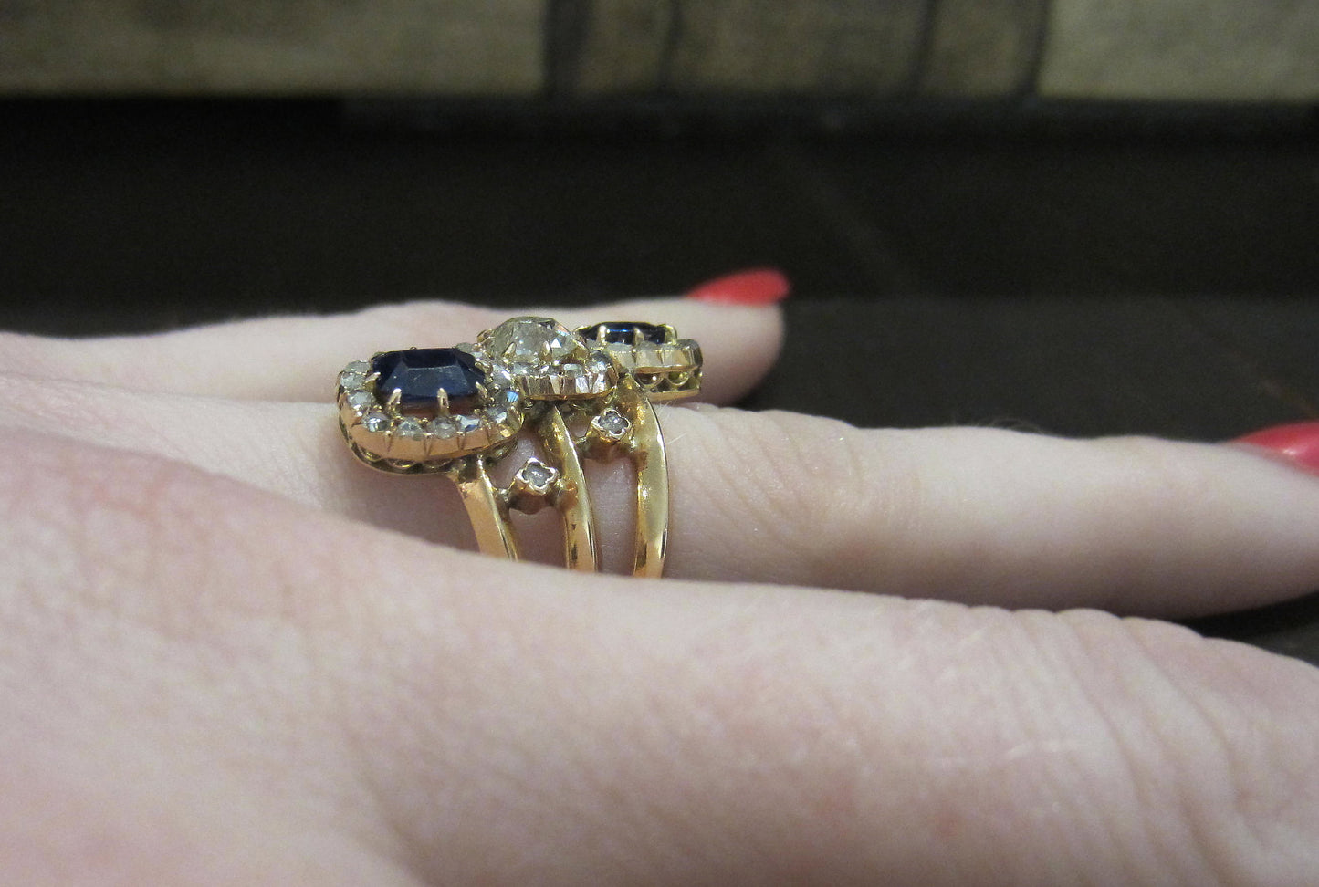 SOLD--Exquisite French Diamond and Sapphire Ring 18k c. 1880