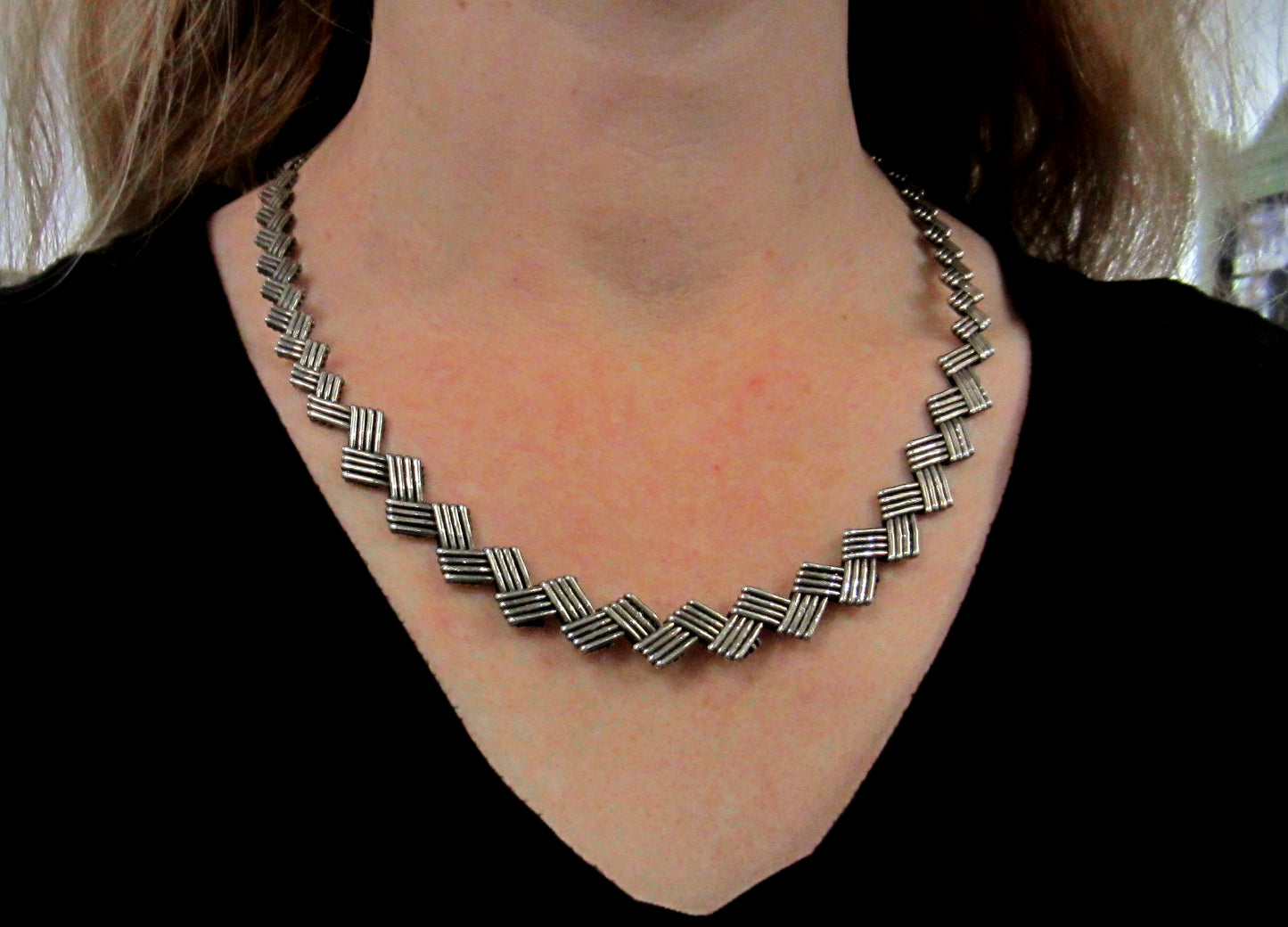 SOLD--Vintage Woven Zig Zag Collar Sterling c. 1980